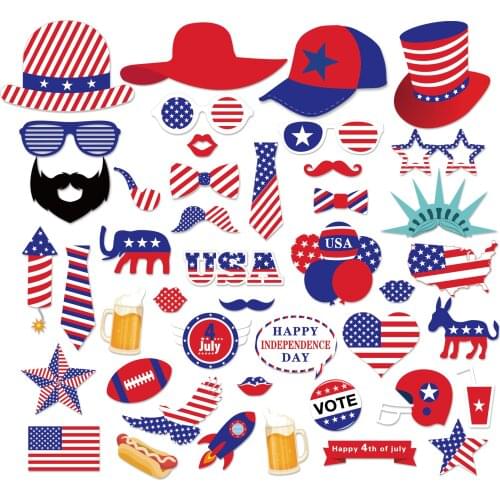 44pcs July 4th DIY Photobooth Props Party Decorations American Independence Day National Flag Photobooth Props Party Favors
