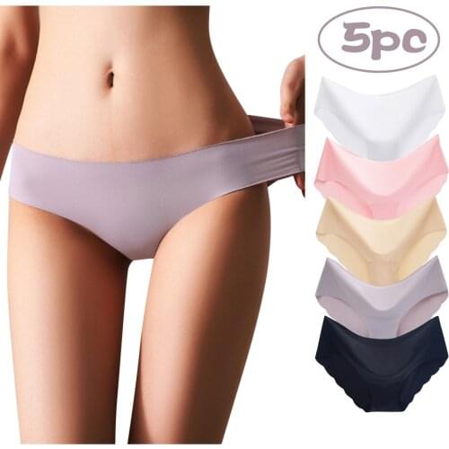 5Pcs/Set Seamless Underwear Silk Womens Plain Color Panties Lady Low-Waisted Underpants Girls Briefs Smooth Panty Sexy Lingerie