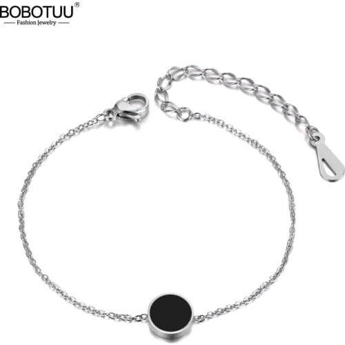 BOBOTUU Fashion White/Black Shell Charm Bracelet Bangle For Women Girls Stainless Steel Link Chain Bohemia Beach Jewelry BB19022