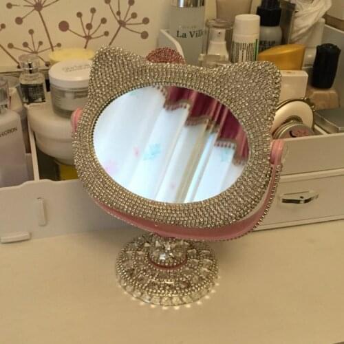 Rhinestone Kitty Cat Decorative Mirrors Bling Diamond Small Mirror Pink Kawaii Makeup Helloo Kitty Table Decor Compact Mirror