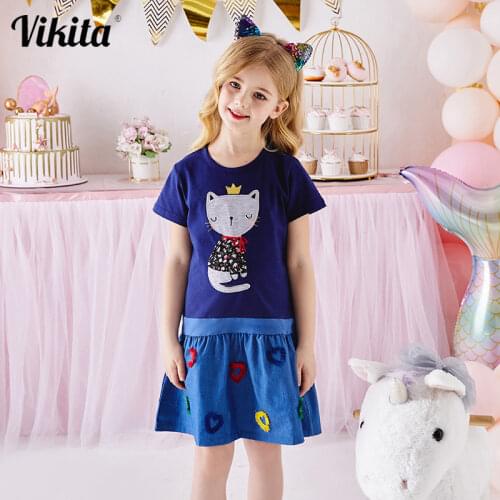 VIKITA Girls Summer Dress Cotton Animal Appliqued Baby Kids Short Sleeve Dresses Girls Clothes Toddlers Cotton Denim Dress