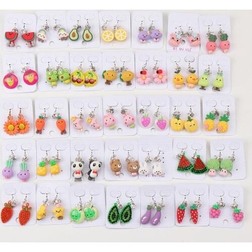 30pairs/Lots Kids Cute Cartoon Animals Fruits Clip on Earrings For Children Girls Gifts Jewelry Mix Style No Pierced Wholesale