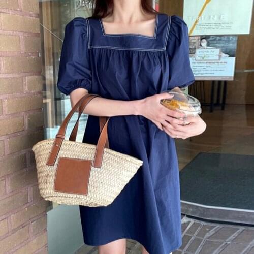 Korean ins summer simple square collar bright line contrast color wrinkle loose bubble sleeve small dress 210536