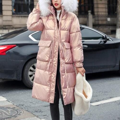 Womens Winter Fashion Glossy Long Over-The-Knee Hooded Thick Padded Jacket Coat Hooded padded warm padded jacket