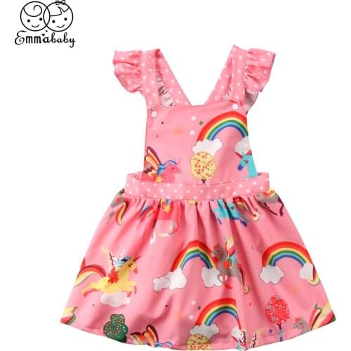 EMMABABY Girl Dress Summer Fly Sleeve Ruffles Unicorn Rainbow Kid Pink Sundress Party Cute Backless Baby Girl Dress