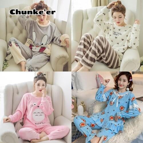 Pajamas Female Winter Coral Velvet Suit Cartoon Cute Round Neck Flannel Warm Student Home Clothes pajama sets