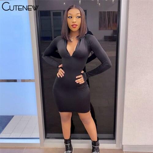 Cutenew Solid Long Sleeve O-Neck Mini Dresses For Women Spring Zipper High Waist Elastic Outfits Bodycon Female Basic Streetwear