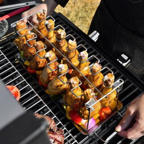 BBQ Chicken Leg Wing Rack Non-Stick 14 Slots Stainless Steel Metal Roaster Stand With Drip Tray For Grill Or Oven Great For BBQ