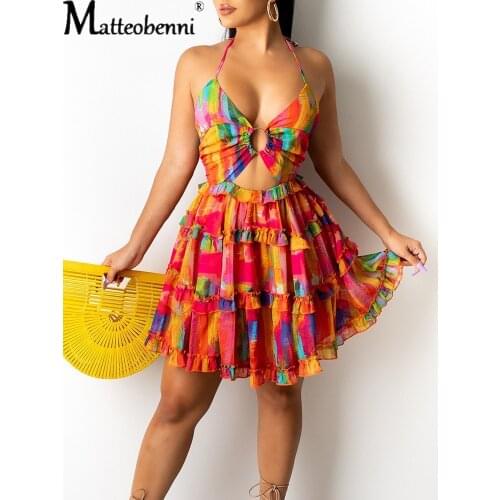 Women Summer Fashion Casual Print V-Neck Sexy Suspender Sleeveless Halter Open Back Ruffle Dress Ladies Beach Sundress Vestidos