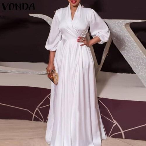 VONDA Party Maxi Dress 2021 VONDA Women Sexy V Neck Long Sleeve Solid Dresses Bohemian Vestidos Plus Size Beach Sundress S-5XL