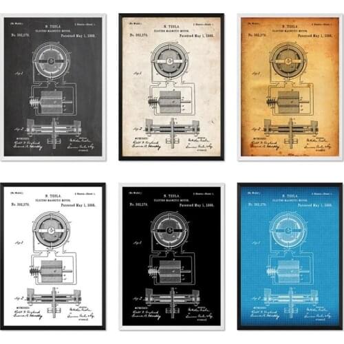 Vintage Tesla Electro Magnetic Motor 1888 Patent Wall Engineer Blueprint Poster Canvas Painting Print Wall Décor Living Home Art