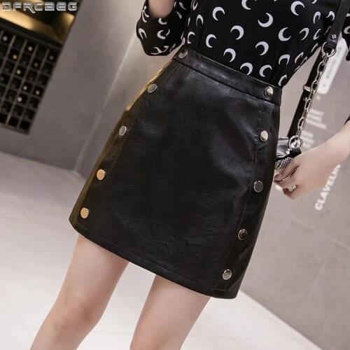 New Autumn and Winter Vintage A-line Leather Skirt Women Casual High Waist Mini Falda Mujer Double Button Sequined Ladies Skirts