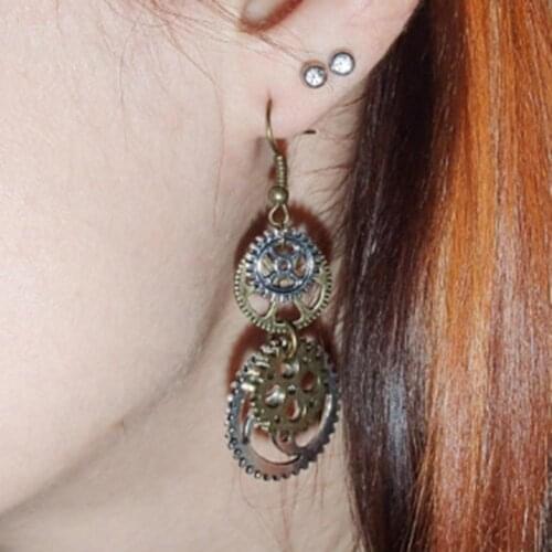 Steampunk Metal Double Gear Drop Pendant Women Hook Earrings Party Jewelry Gift