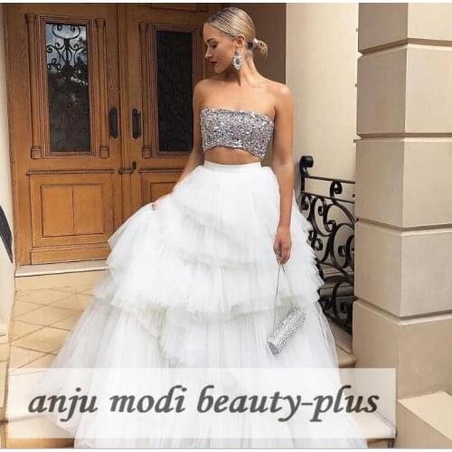 2021 White Two Piece Beaded Prom Dresses Long Strapless Sleeveless Tiered Formal Evening Party Gowns Robe De Soiree