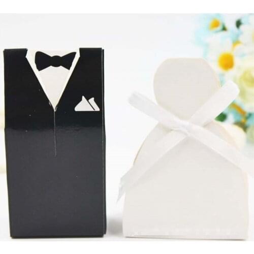 100Pcs Bridal Gift Cases Groom Tuxedo Dress Gown Ribbon Wedding Favors Candy Box Sugar Case Wedding Decoration Mariage