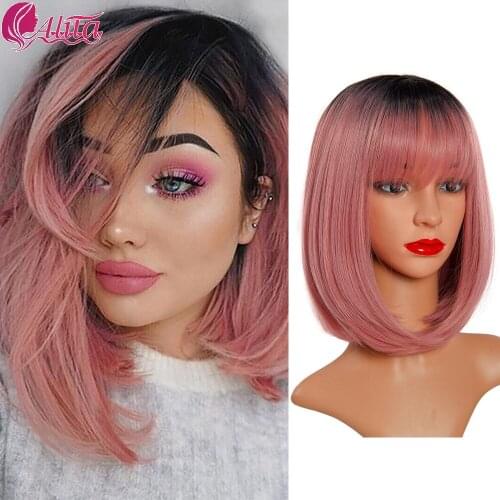 Alita Ombre Straight Bob Black Grey Synthetic Wig Shoulder Length Middle Part Heat Resistant Fiber Cosplay Party Hair For Women