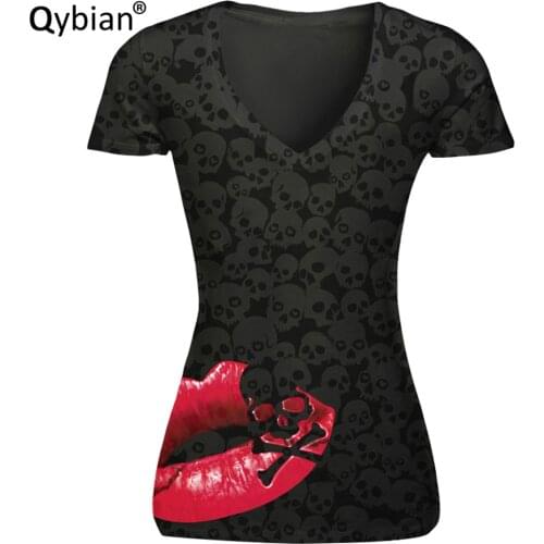 Free shipping T-shirt Women casual comfortable V-neck shirts women top tees Red mouth Black skull prints Short Sleeve