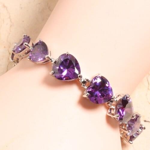 LOVE Heart Purple Zircon Silver Plated Argent Link Chain Bracelet 7 Inch L10055