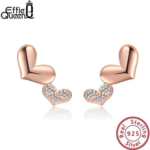 Effie Queen Genuine 925 Silver Romantic Women Girls Small Stud Earring 10mm with Red Heart Shape AAAA Zircon Jewelry Gift EQE25