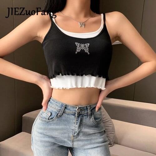 JIEZuoFang Gothic Style 2020 Tops Sexy Women T-shirt Black Sling Butterfly Print Slim Patchwork Girl Fashion Popular T-Shirts