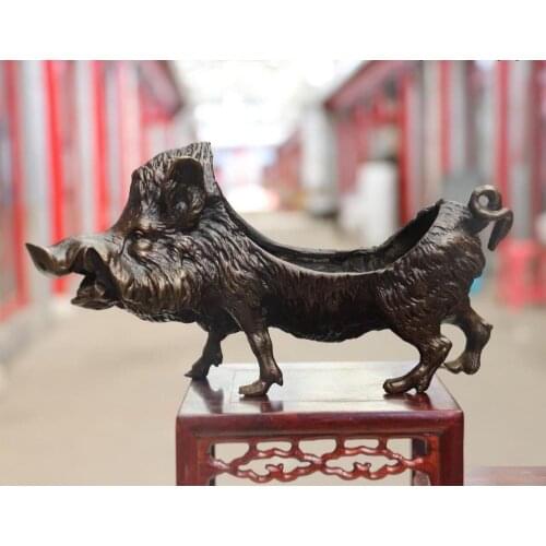 China Old Copper Bronze Feng Shui Wealth Wild Boar Pig Wild Boar Censer Statue