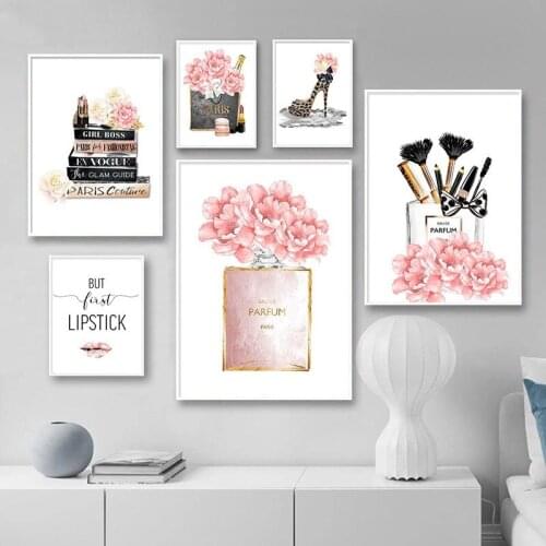 Make-Up Fashion Perfume Bottle Leopard Print Shoes Decoration Canvas Painting Beauty Salon Decor Living Room Wall Art