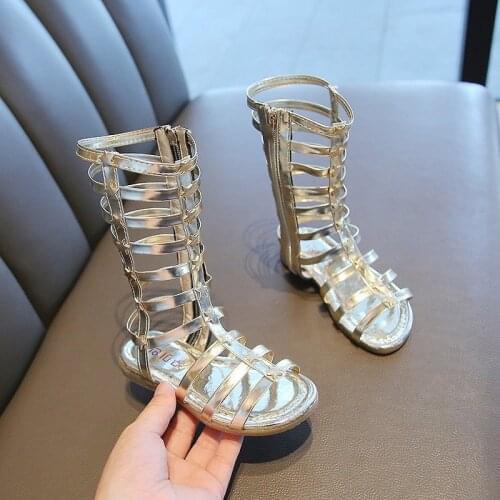 Girls Fashion Sandals Metal Decoration Outdoor Shoes 2021 Summer Footwear Mid-Calf Length Flat With Shoes Casual Kids Sandals