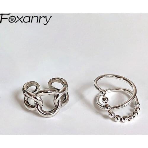 Foxanry 925 Sterling Silver Trendy Rings for Women Creative Simple Hollow Circle Geometric Chian Irregular Party Jewelry Gifts