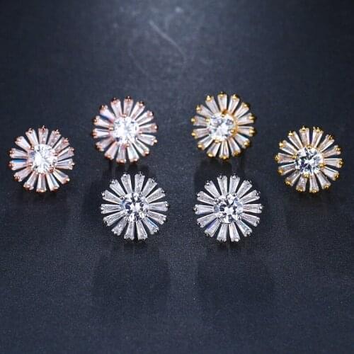 Ekopdee Trendy Buling CZ Crystal Cubic Zirconia Stud Earrings For Women Flower Design Zircon Daisy Earring Female Summer Jewelry