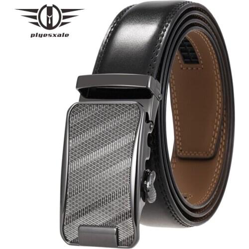 Plyesxale Black Dark Brown Men Belts Automatic Buckle Genune Leather High Quality Belts For Men Strap Male Casual Business B443
