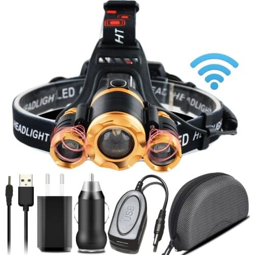 Torch Rechargeable Light Forehead Lamp Fishing Headlight Powerbank 18650 Battery Sensor LED Headlamp Zoomable T6 Head Flashlight