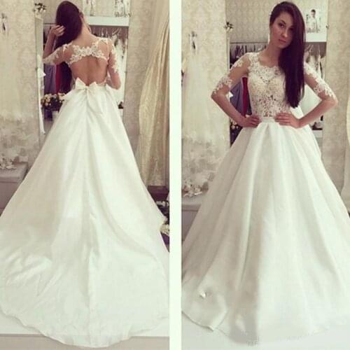 A-line Beach Wedding Dresses Sexy Open Back Appliques Satin Sweep Train 3/4 Sleeve Bridal Wedding Gowns Vestido De Novia