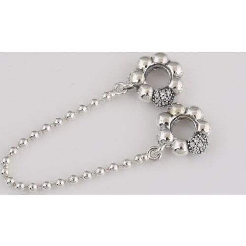 Authentic S925 Silver Bead Pave Ball With Crystal Safety Chain Charm for Women Bracelet Bangle DIY Jewelry