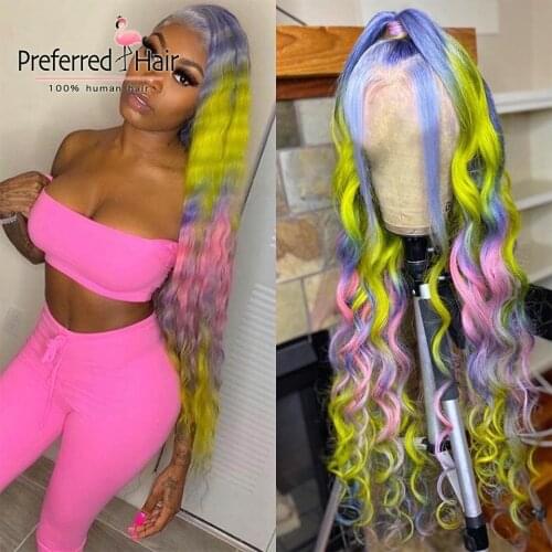 Preferred Rainbow Color Deep Wave Wig Brazilian Remy 13x4 Lace Front Wig Pre Plucked Transparent Lace Human Hair Wigs For Women