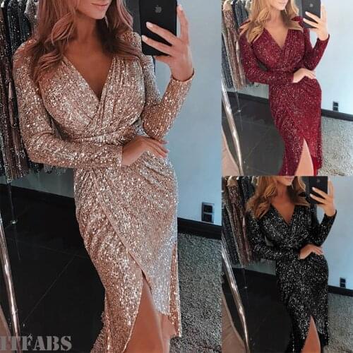 Sexy Fashion Women V neck Glitter Sequin Evening Club Dress Bodycon Elegant Ladies Long Sleeve Party Maxi Slim Dress