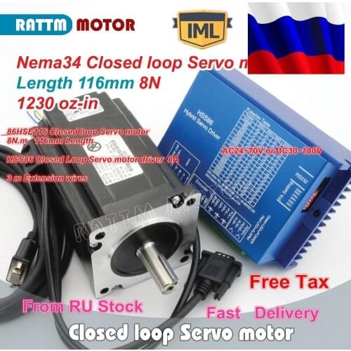 RU Ship Nema34 L-116mm Closed Loop Servo motor Motor 6A Closed Loop 8N.m & 2HSS86H Hybrid Step-servo Driver CNC Controller 8A