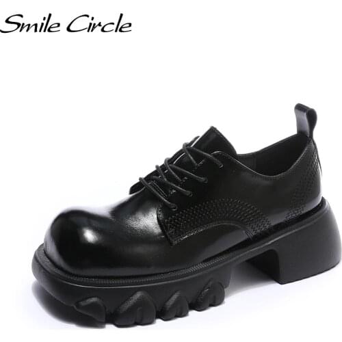 Smile Circle Cow Leather Loafers women shoes 2021 Fashion British style Thick bottom Casual Ladies Shoes Summer