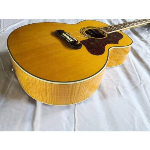 Free shipping unique 6 string 43 inch J20 acoustic guitar,yellow folk guitar,Spruce plywood guitar,flamed maple veneer back
