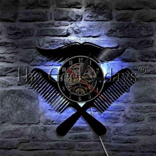 Moustache With Combs Barber Shop Equipment Glowing LED Lamp Vinyl Record Wall Clock Beauty Salon Decorative Lighting