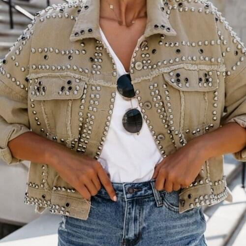 Women Long Sleeve Casual Loose V-neck Jacket 2021 Fashion Short Wash Denim Locomotive Style Jacket Shirt Female Solid Rivet Coat