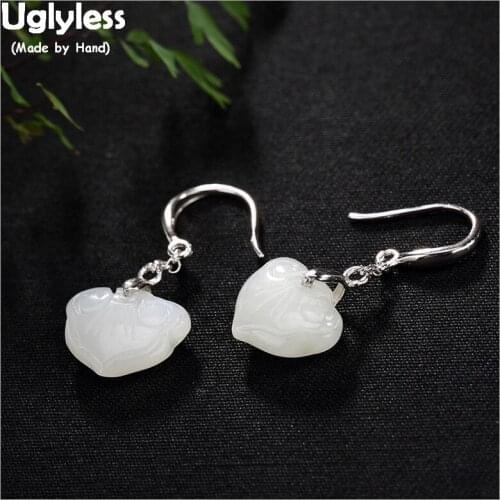 Uglyless Real S 925 Sterling Silver Natural Jade Earrings Handmade Vintage Jewelry Heart-shape Brincos Women LOVE Dress Bijoux
