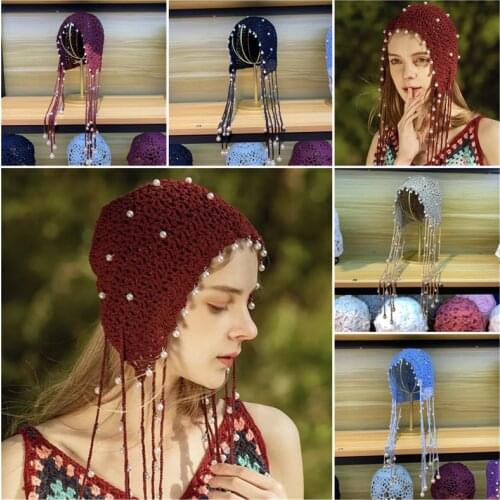 Women Beanie Bonnets handmade pearl princess hat new tassel fashion hollow hat Knitted Woolen Cap Ladys Autumn And Winter