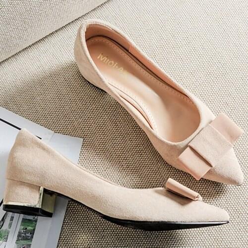 Chunky Heels Flock Shoes Ladies OL Dress Pumps Solid Plated High Heels Women Pumps 4cm Elgeant Chaussures Femme Bow Wedding Shoe