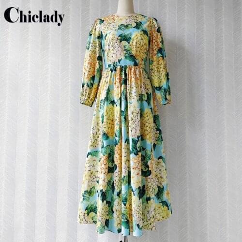 CHICLADY Runway designer floral printed O-neck lantern sleeve green flower dresses boho spring autumn festival clothing vestidos