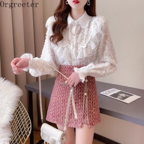 2021 Spring New Elegant Ladies Fringed Lace Ruffles Patchwork Shirt 2 Pieces Set and High Waist Pearl button Tweed Skirt Suit