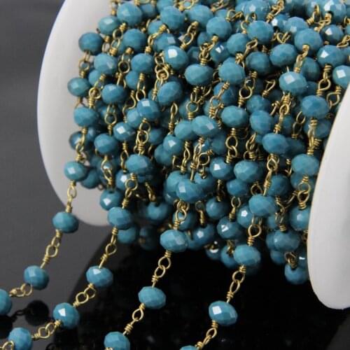 5Meters Candy blue Glass Bead Rondelle Chains,Faceted Beads Wire Wrapped Brass Rosary Chains Necklace Jewelry supplies 4x6mm