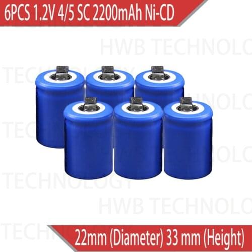 6PCS/lot Ni-Cd 1.2V 2200mAh 4/5 SubC Sub 4/5SC Rechargeable Battery with Tab - Blue Power tools battery Free shipping