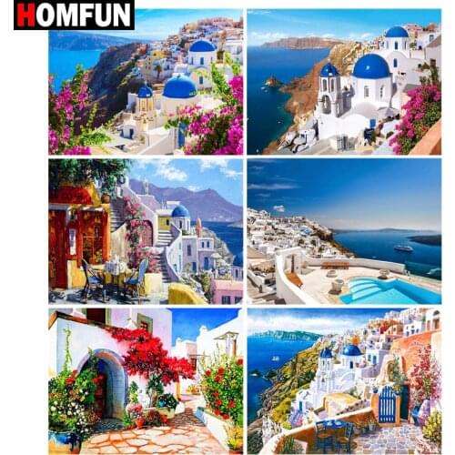 HOMFUN Diy Full Square Round Drill 5D Diamond Painting Cross Stitch Diamond Embroidery "House flower Sea scenery"Home Decor Gift