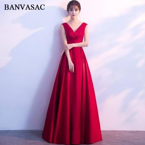 BANVASAC 2018 V Neck Satin Sash Sleeveless Long Evening Dresses Elegant A Line Pleat Backless Party Prom Gowns