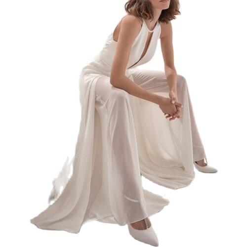 White Elegant Simple Dress Sexy Deep V Halter Jumpsuit Hanging Neck Casual Fashion Temperament Party Wedding Sleeveless Dress
